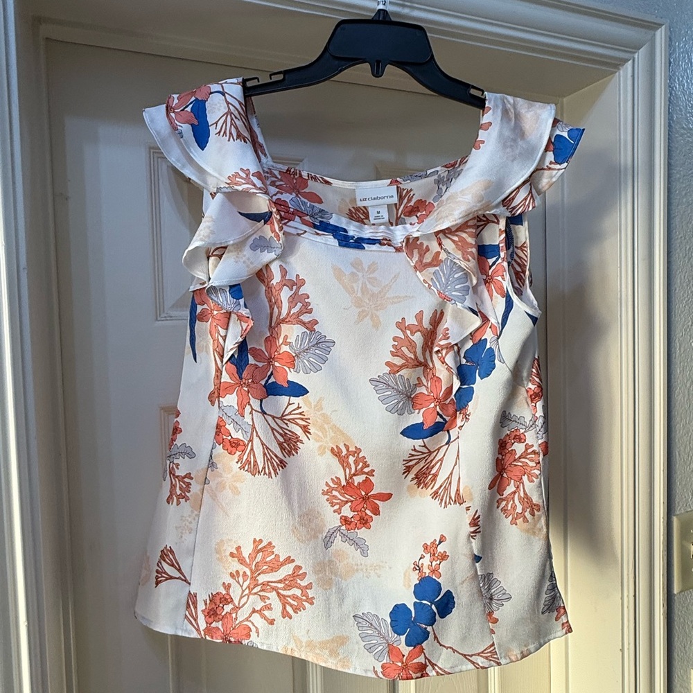 Liz Claiborne Coral and Blue Floral Blouse
